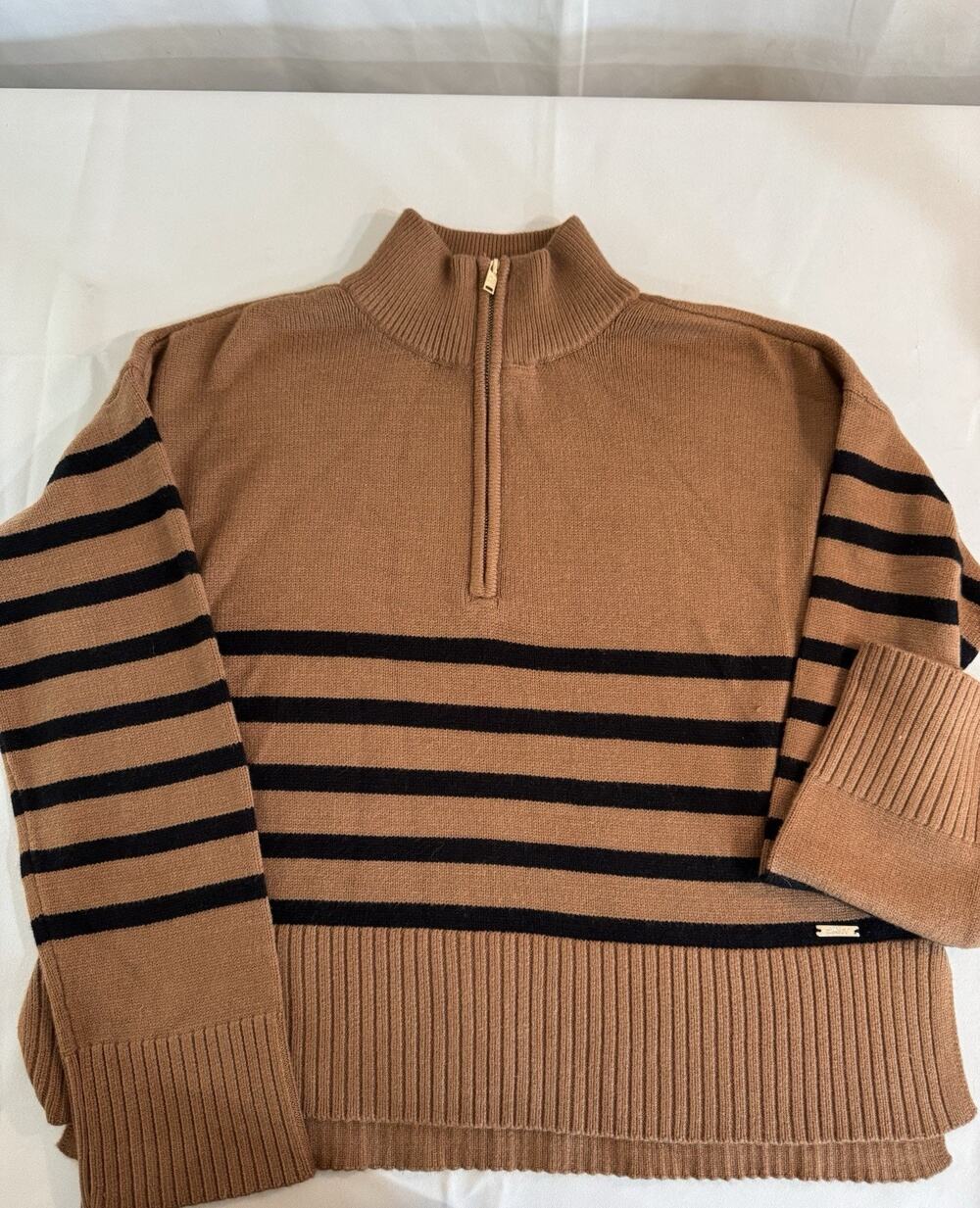 DKNY Sweater Womens M 1/4 Zip Striped Brown Black Mock Neck Cropped Super Soft
